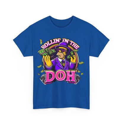 Homer Simpson Graphic Unisex T-Shirt featuring a vibrant design with the phrase 'Rollin' in the DOH' against a blue backdrop, ideal for casual everyday wear.
