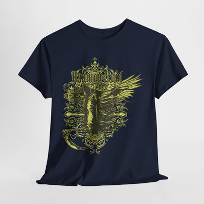 Elegant men's t-shirt displaying a bold Grim Reaper graphic, embellished with floral motifs, designed for a sophisticated gothic look.