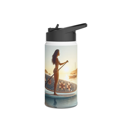 Fantasy Paddleboarding Stainless Steel Water Bottle with a graceful paddleboarder against a sunset backdrop, embodying the spirit of luxury outdoor excursions.