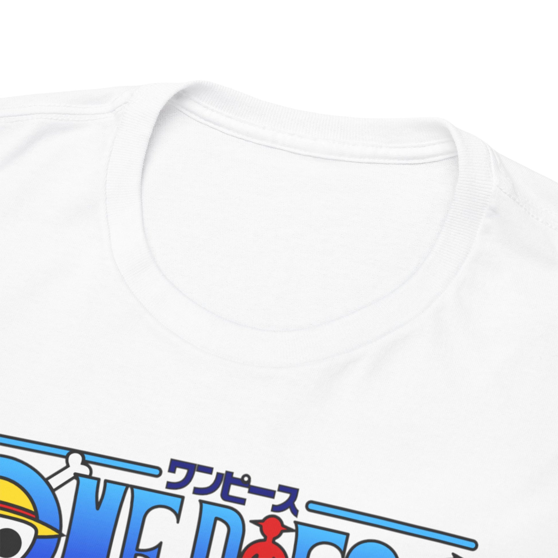 Elegant close-up of a white men's t-shirt collar showcasing the detailed 'ONE PIECE' logo design, epitomising anime style and sophistication.