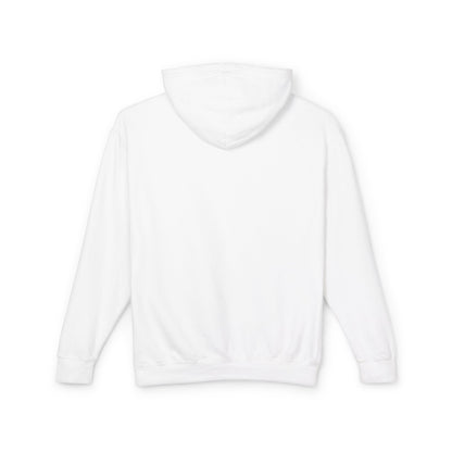 Back view of a luxurious unisex computer game graphic lightweight hooded sweatshirt in pristine white cotton.