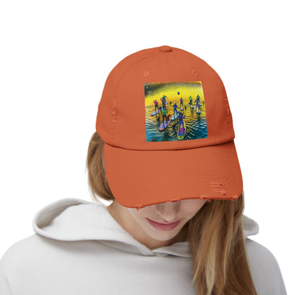 Close-up of a fashionable woman donning the orange Unisex Distressed Paddleboarders Cap with a picturesque paddleboarding motif.