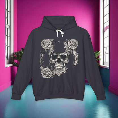 Unisex Lightweight Hooded Sweatshirt featuring a unique designer skull and roses print, displayed in a vibrant interior setting.
