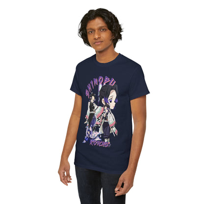 A man elegantly showcases a navy blue T-shirt featuring artistic depictions of Shinobu Kocho from Demon Slayer, blending vibrant graphic design with modern fashion sensibility.