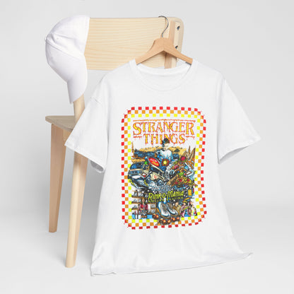 Luxurious Stranger Things graphic tee displayed elegantly on a wooden hanger against a minimalistic background, highlighting the vibrant design featuring retro elements.