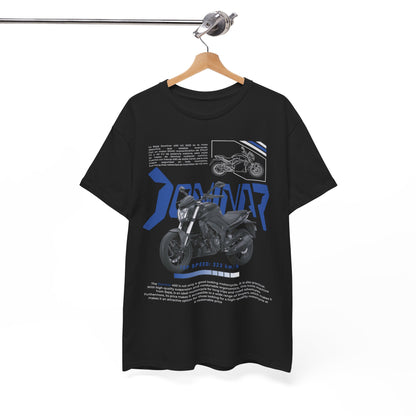 Stylish black men's T-shirt featuring the iconic Dominar 400, elegantly hanging with a striking motorcycle illustration and performance specifications in luxurious blue.