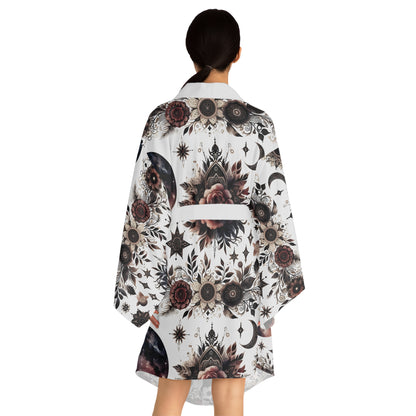 Back view of the Floral Kimono Robe, featuring an alluring floral design, exemplifying boho chic style and luxury for any home setting.