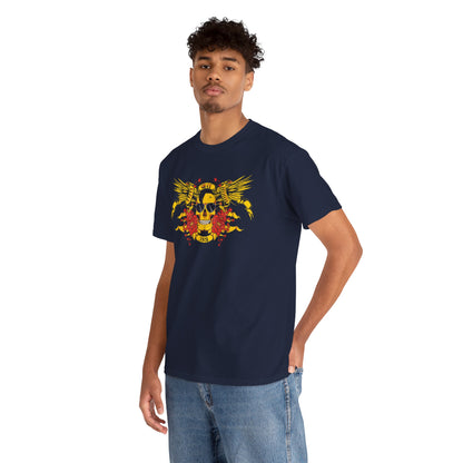 Model wearing a navy blue t-shirt adorned with a captivating yellow skull and wing graphics, capturing a blend of elegance and rebellious spirit in fashion.