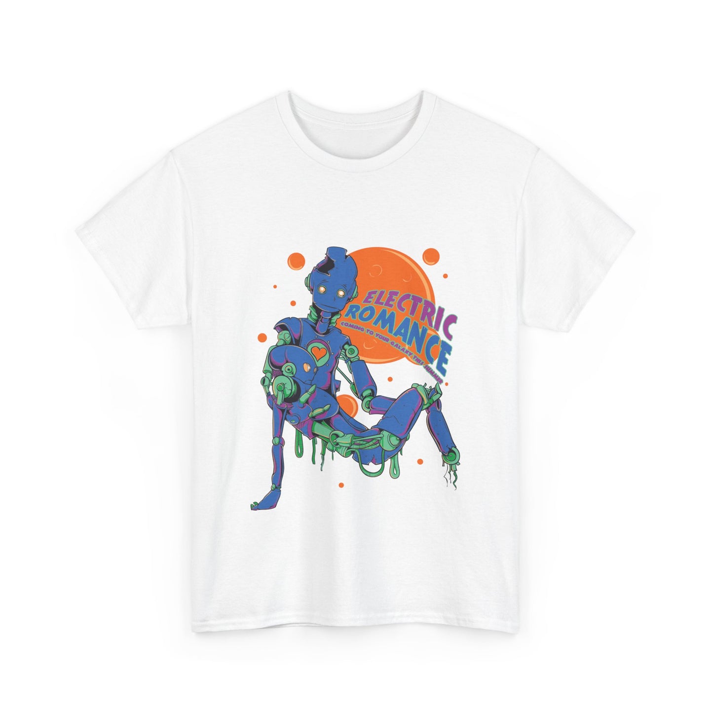 Electric Romance Men's T-shirt in white, featuring bold and playful robot graphics with a warm orange backdrop, offering a unique statement piece for contemporary wardrobes.