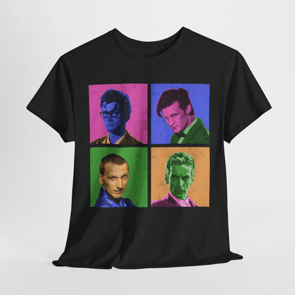 Warhol WHO's Unisex Mens Women's Graphic Funny T Shirt Tee Urban Street showcasing a vibrant design featuring four iconic Doctor Who characters reimagined in square portraits with bold colours.
