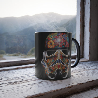 Artistic Stormtrooper Heat Change Mug showcased with a colourful floral design, steaming with hot beverage, beside a rustic wooden window frame, perfect for coffee and tea enthusiasts.