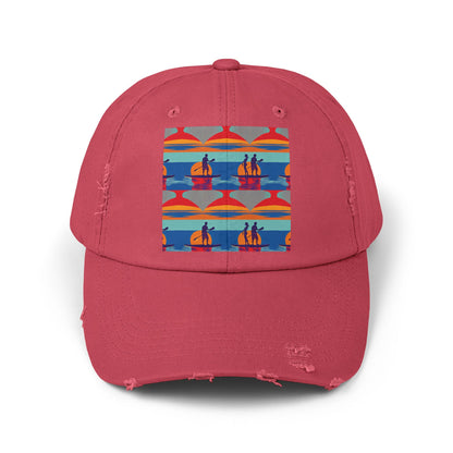 Unisex Distressed Cap featuring a fantasy paddleboarding scene, perfect for adventurous water lovers, depicted in a stylish pink shade.