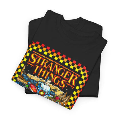 Folded luxurious black Stranger Things graphic t-shirt displaying intricate artwork of Rink O Mania, blending comfort with a unique vintage style.