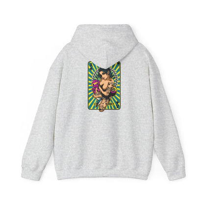 Chic grey hoodie featuring vibrant back print of a bold tattooed woman with playing cards, radiating artistic flair.