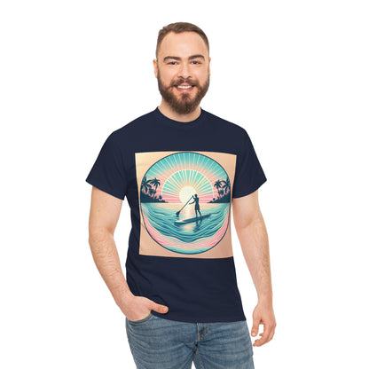 A model showcasing the Delightfull Paddle Board T-Shirt by Dazzling Dreams Studio, perfect for water sports enthusiasts and casual outings.