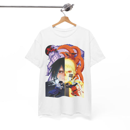 Sophisticated display of an anime T-shirt with Naruto and Sasuke designs elegantly hanging, ideal for passionate anime fashion connoisseurs.