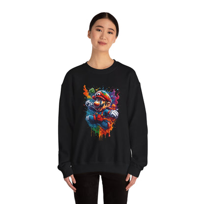 Fashionable model wearing a black Computer Game Character Unisex Crewneck Sweatshirt with an eye-catching gaming character print, exuding luxury and playful style.