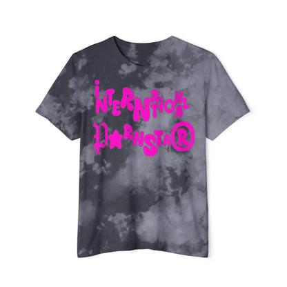 Front view of the dark grey tie-dye Women's Crop T-Shirt with bold pink lettering, perfect for making a fashionable statement.