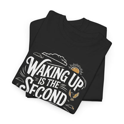 Waking Up Funny Mens Graphic T-Shirt, featuring bold 3D lettering in red and white on a black canvas, perfect for urban streetwear enthusiasts seeking style and humour.