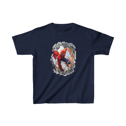 Unisex Kids Spider Man Cotton T Shirt Tee Youths Childs featuring a vibrant Spider-Man graphic bursting through a wall, designed for young art enthusiasts.
