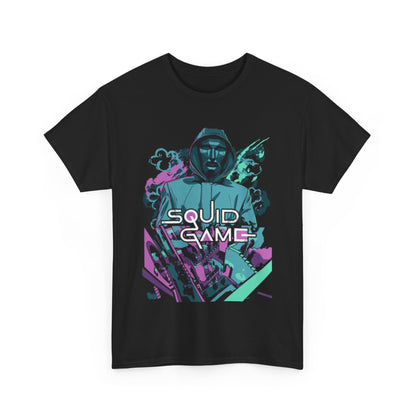Chic black graphic T-shirt adorned with an eye-catching Squid Game design, ideal for those who appreciate luxury and bold expressions in fashion.