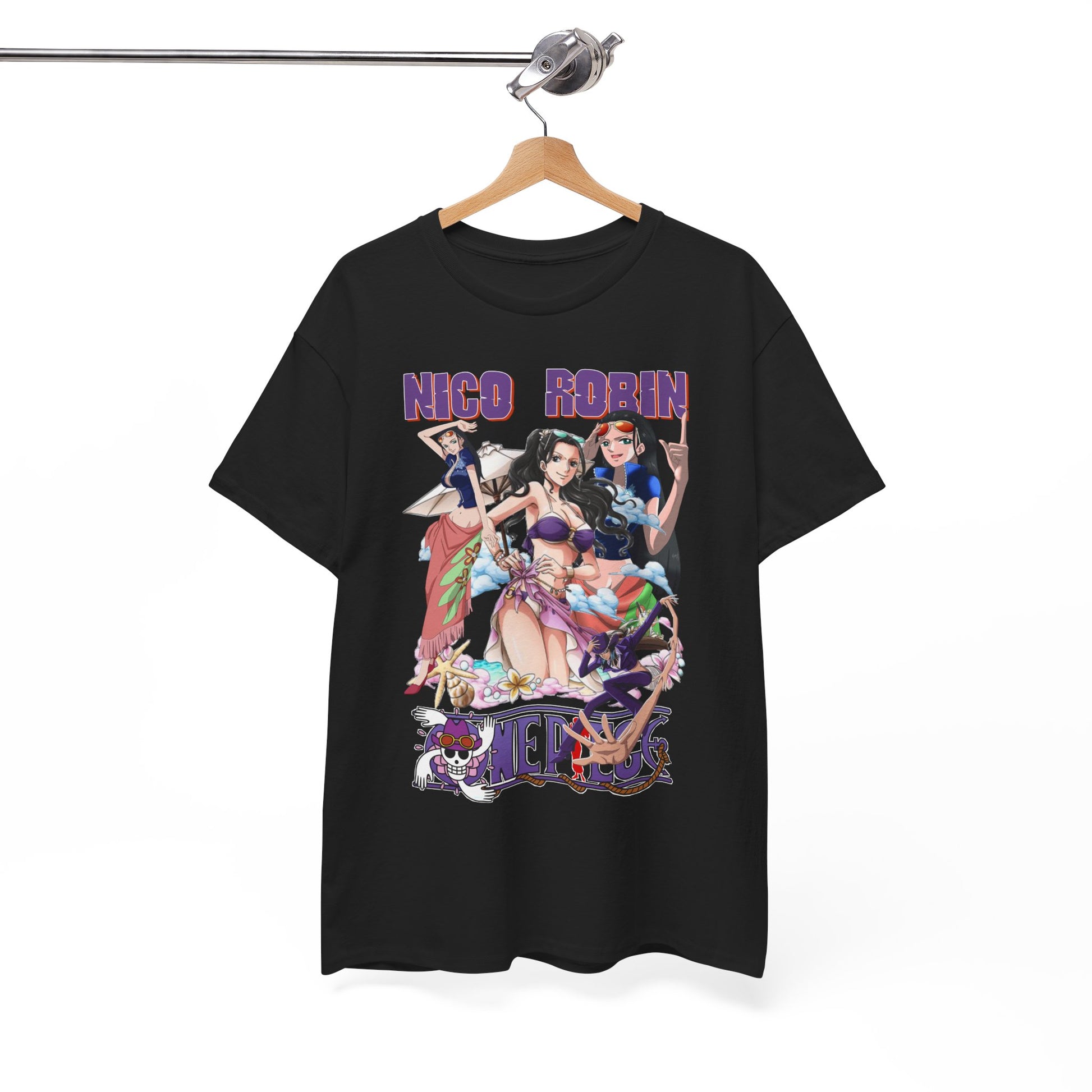 Chic black t-shirt elegantly displayed on a wooden hanger, featuring vibrant graphic design of Nico Robin and her companions, embodying the spirit of adventure and beach aesthetics.