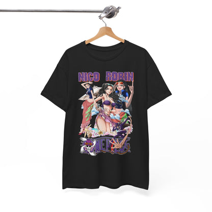 Chic black t-shirt elegantly displayed on a wooden hanger, featuring vibrant graphic design of Nico Robin and her companions, embodying the spirit of adventure and beach aesthetics.