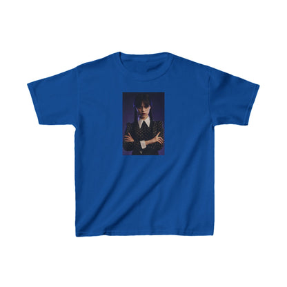 Child's 'Wednesday': Embrace the Dark Elegance! Graphic Unisex Tee in deep blue showcasing a captivating image of a girl with dark hair in pigtails, donned in a chic dark striped jacket, reflecting the iconic style of Wednesday Addams.