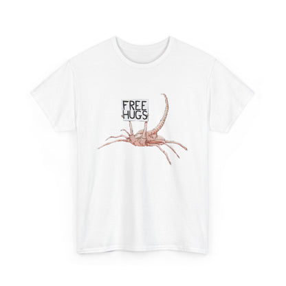 Classic white Alien Xenomorph Facehugger Free Hugs graphic displayed on a premium unisex cotton t-shirt, designed for comfort and style.