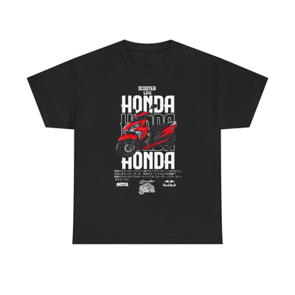 Elegant black men's t-shirt showcasing a striking red Honda scooter design, paired with bold 'Scooter Life' and 'HONDA' inscriptions for stylish riders.