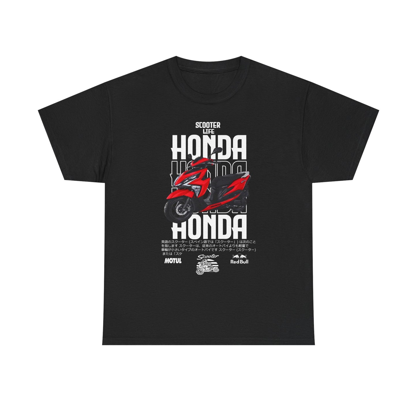 Experience sophistication in this classic black t-shirt adorned with a stunning Honda scooter graphic. Ideal for enthusiasts, this design prominently features the 'HONDA' branding and 'SCOOTER LIFE' text, merging elegance with passion.