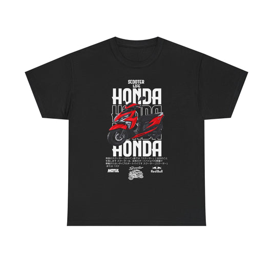 Experience sophistication in this classic black t-shirt adorned with a stunning Honda scooter graphic. Ideal for enthusiasts, this design prominently features the 'HONDA' branding and 'SCOOTER LIFE' text, merging elegance with passion.