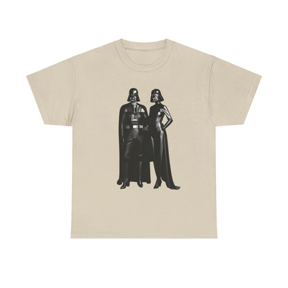 Elegant Mr + Mrs Vader Star Wars unisex mens graphic tee showcasing stylish imagery of the iconic Sith duo.