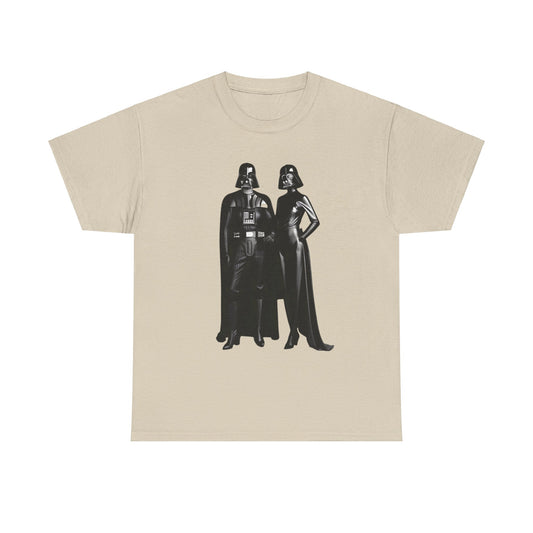 Elegant Mr + Mrs Vader Star Wars unisex mens graphic tee showcasing stylish imagery of the iconic Sith duo.
