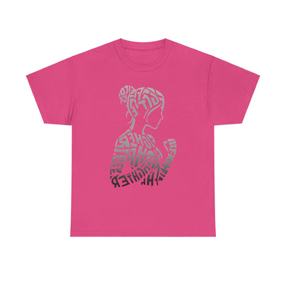 Fighter Girl Graphic Unisex T-Shirt in rich pink, designed with a captivating word-art silhouette of a woman, formed by the intertwined words 'FIGHTER' and 'GIRL', representing modern artistic expression and strength.