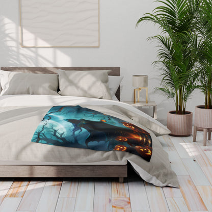 Elegant view of the Decorative and Warm Halloween Spooky Arctic Fleece Blanket draped over a sophisticated bed, showcasing a captivating Halloween scene with bats and pumpkins for a tasteful seasonal decor.