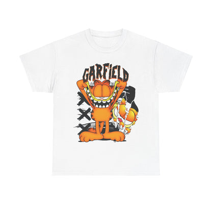 Garfield Unisex Graphic T-Shirt featuring a vibrant cartoon design of Garfield with an inviting expression, set against a dynamic black and white background, perfect for casual wear.