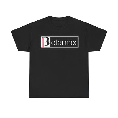 Unisex Vintage Betamax Logo Graphic Tee - Retro Casual Wear for Nostalgic Enthusiasts, showcasing the iconic Betamax logo in a stylish black tee.