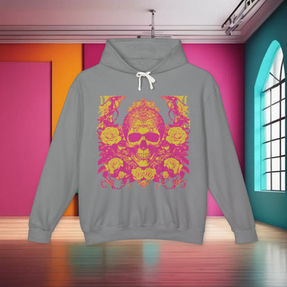 Unisex Lightweight Hooded Sweatshirt with a striking skull and roses illustration, embodying individuality and luxury in contemporary fashion.
