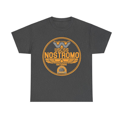 Luxury USCSS Nostromo Graphic Unisex Tee Shirt featuring the iconic logo of the Weyland-Yutani Corporation in vibrant orange on a dark grey background, perfect for sci-fi aficionados.