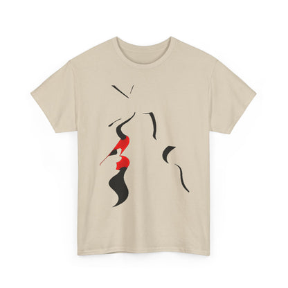Exquisite unisex T-shirt showcasing a minimalist abstract art design with red and black accents on a neutral beige fabric, perfect for sophisticated casual wear.