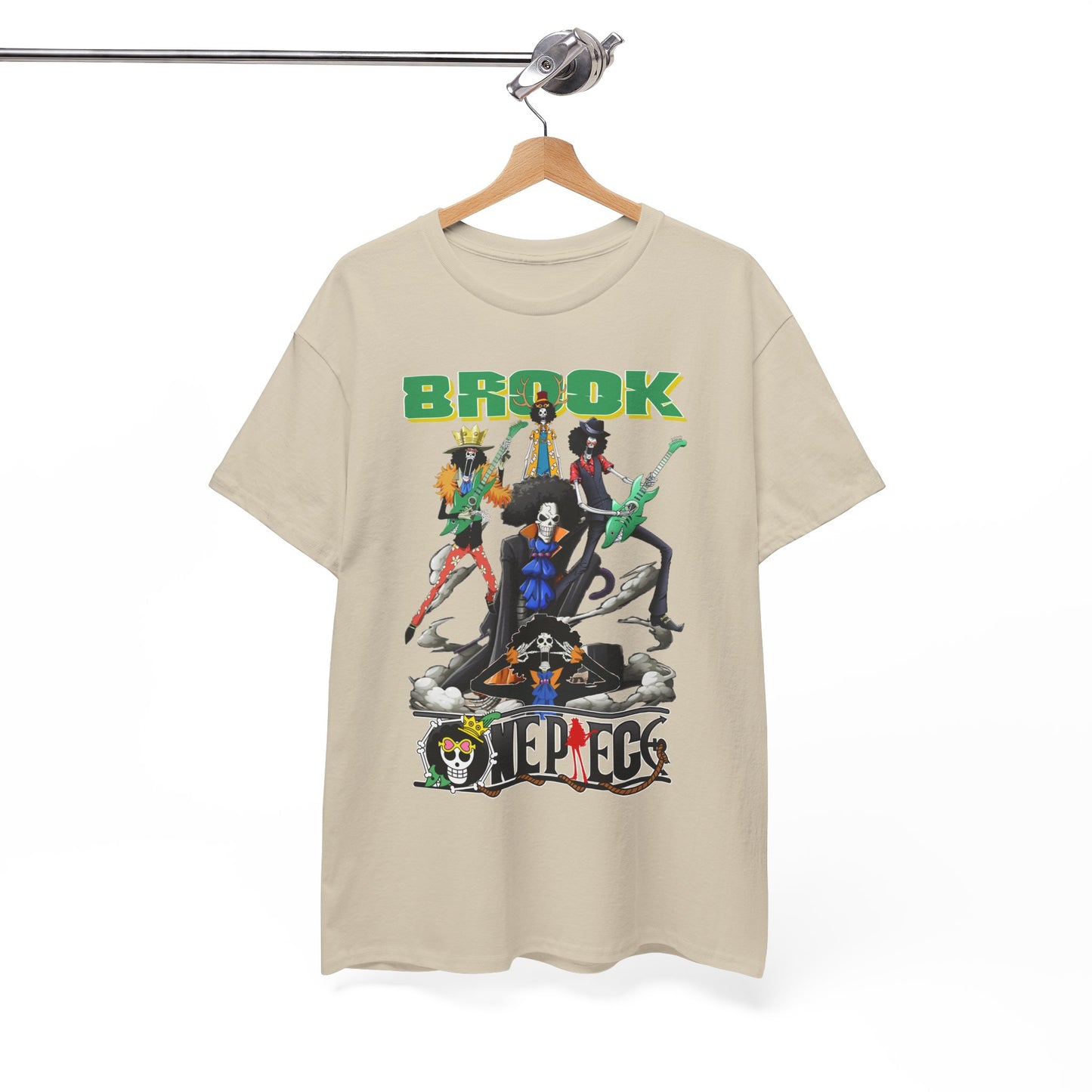Beige t-shirt with vibrant anime graphics of Brook and his comrades, elegantly displayed on a wooden hanger for an upscale presentation.