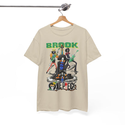 Beige t-shirt with vibrant anime graphics of Brook and his comrades, elegantly displayed on a wooden hanger for an upscale presentation.