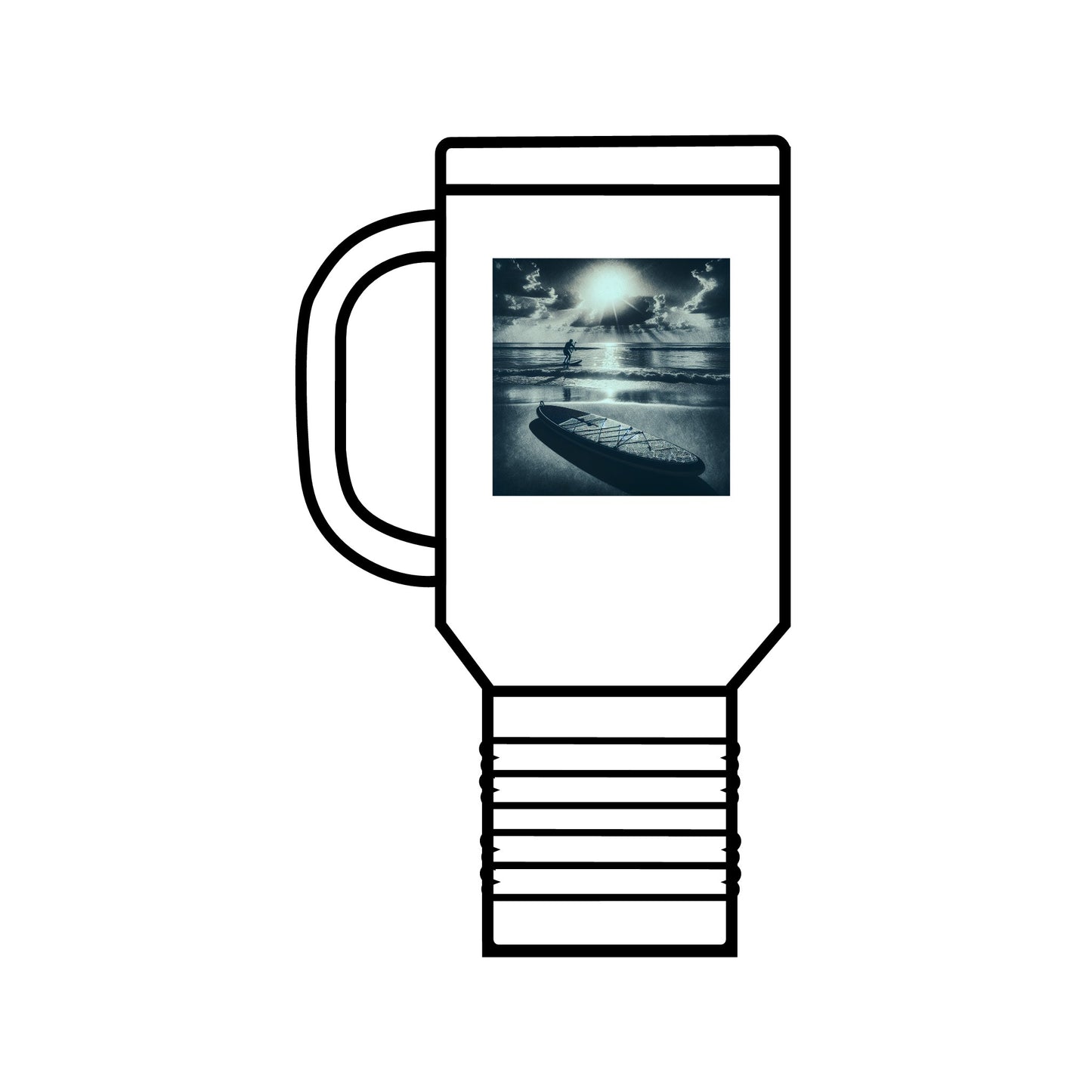 Fantasy Paddleboarding 40oz Insulated Stainless Steel Travel Mug in white, featuring a captivating design of paddleboarding against a dramatic sky, perfect for adventurous hydration.