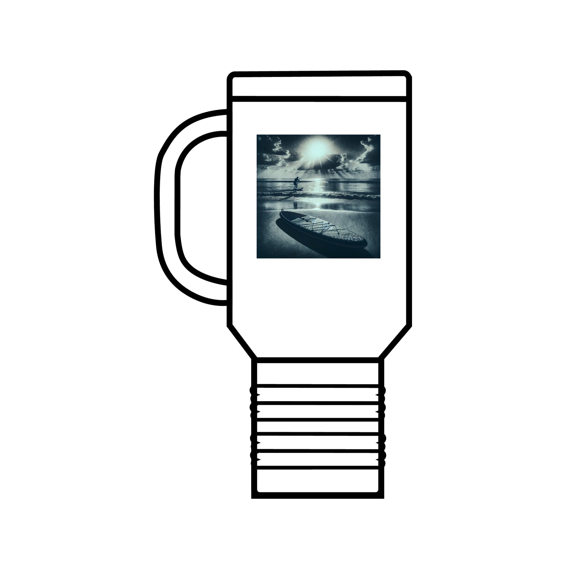 Fantasy Paddleboarding 40oz Insulated Stainless Steel Travel Mug in white, featuring a captivating design of paddleboarding against a dramatic sky, perfect for adventurous hydration.