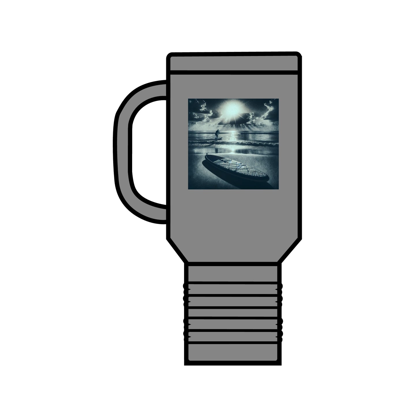 Fantasy Paddleboarding 40oz Insulated Stainless Steel Travel Mug in sleek grey, showcasing an artistic representation of a paddleboarder, an ideal blend of elegance and adventure.