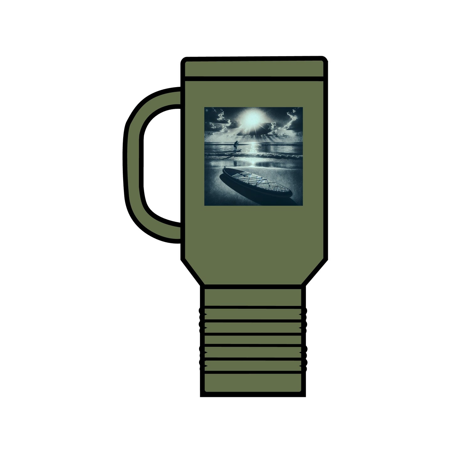 Fantasy Paddleboarding 40oz Insulated Stainless Steel Travel Mug in army green, featuring a picturesque illustration of paddleboarding, merging artistic flair with practical design.