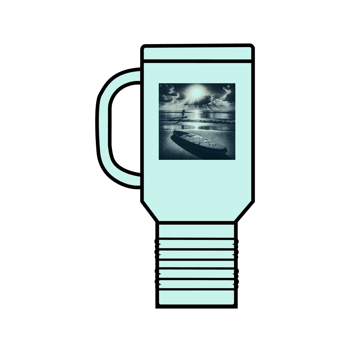 Sophisticated Fantasy Paddleboarding 40oz Insulated Stainless Steel Travel Mug in mint green, featuring an artistic portrayal of a paddleboarder, perfect for adding elegance to outdoor adventures.