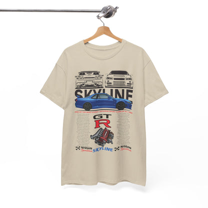 Nissan Skyline GT-R T-shirt elegantly displayed on a hanger, highlighting its unique design and luxury appeal.