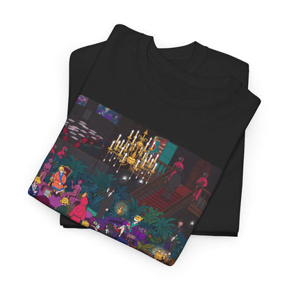Stylish black tee featuring a striking illustration inspired by 'Squid Game', presenting a lively party atmosphere with artistic elements and intricate visuals.